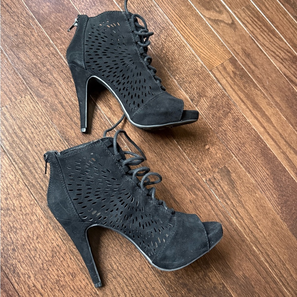 Fergalicious Black Peep-Toe Lace-Up Heels